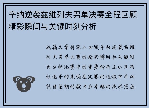 辛纳逆袭兹维列夫男单决赛全程回顾精彩瞬间与关键时刻分析