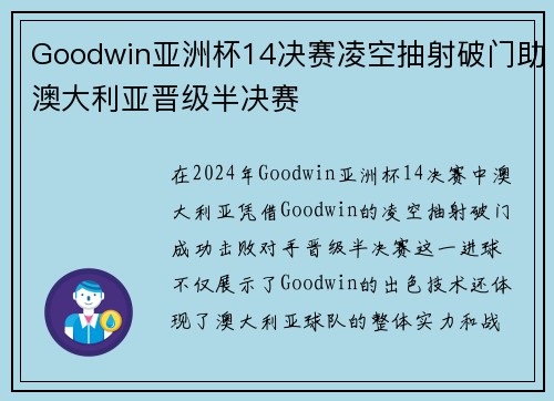 Goodwin亚洲杯14决赛凌空抽射破门助澳大利亚晋级半决赛